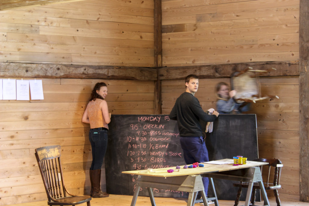 Gracey Falk, Lucas Hedges, and Madeline Milligan before rehearsal on Aris Farm