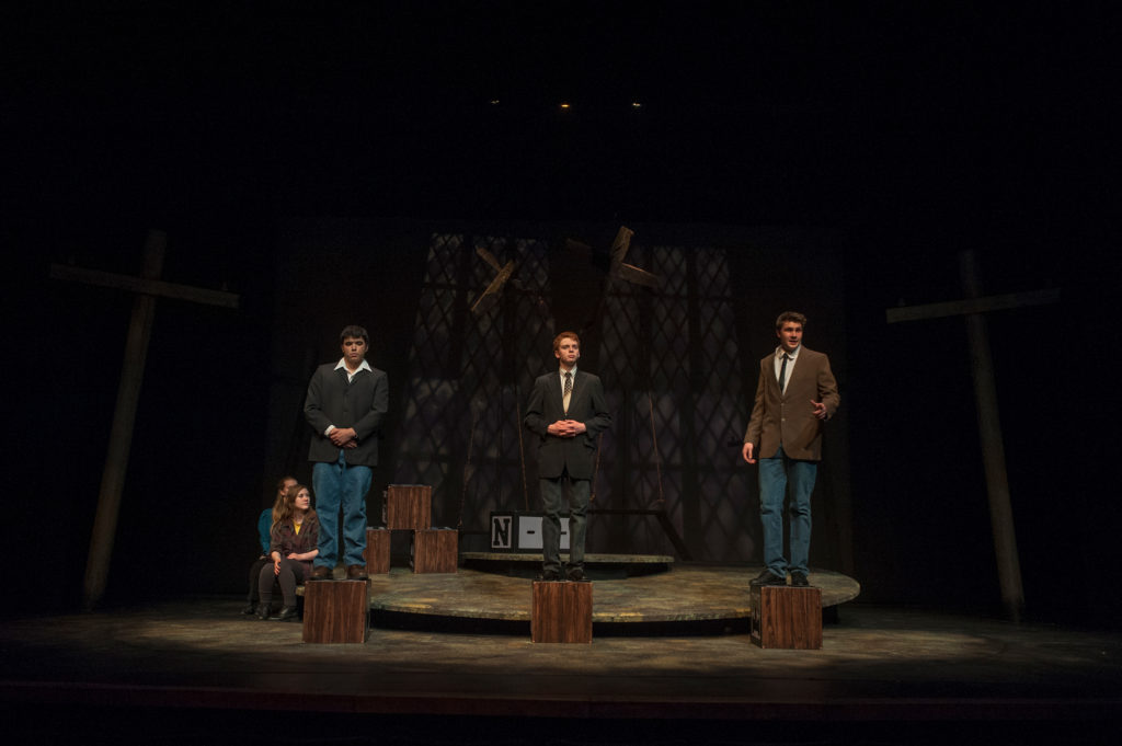 Michelle Giesbrecht, Sammy Ramsay, Dalton Lightfoot, Chris Holtkamp, and Jake Stebner in The Laramie Project