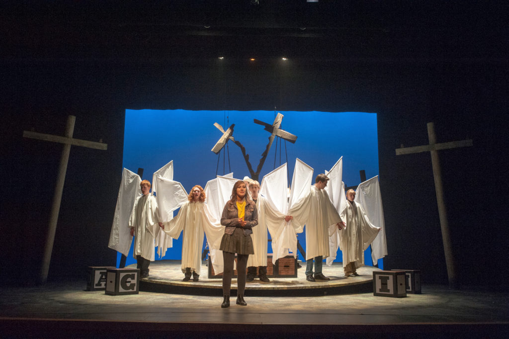 Chris Holtkamp, Alysha Forester, Sammy Ramsay, Jordan Williams, Jake Stebner, and Michelle Giesbrecht in The Laramie Project