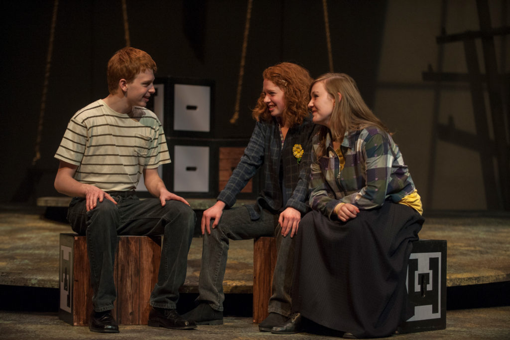 Chris Holtkamp, Alysha Forester, and Sammy Ramsay in The Laramie Project